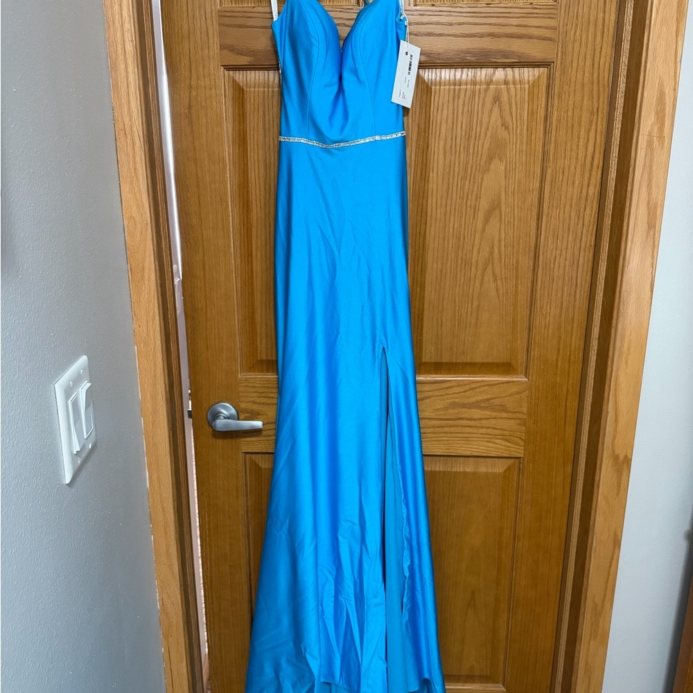 Chic Blue Prom Dress with Rhinestone Detail